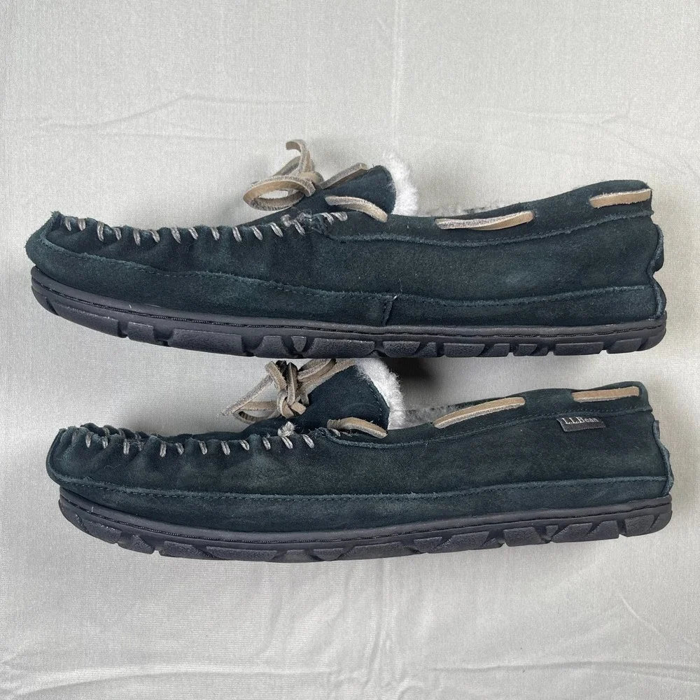 L.L.Bean Wicked Good Men's 11M Black Suede Shearling Moccasin Slippers